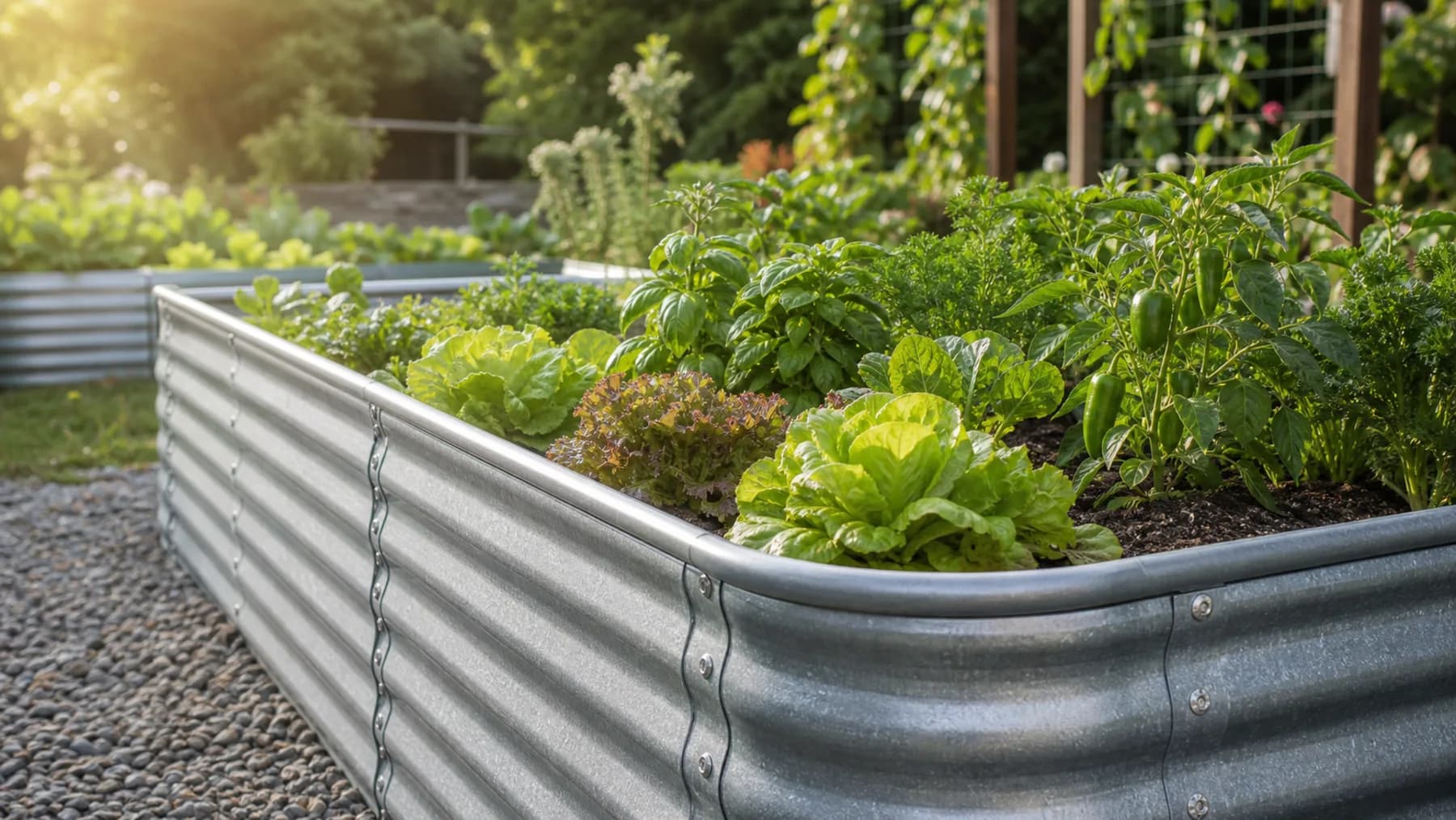 A galvanized corrugated metal raised garden bed with rounded edging and healthy vegetables growing in clean soil.