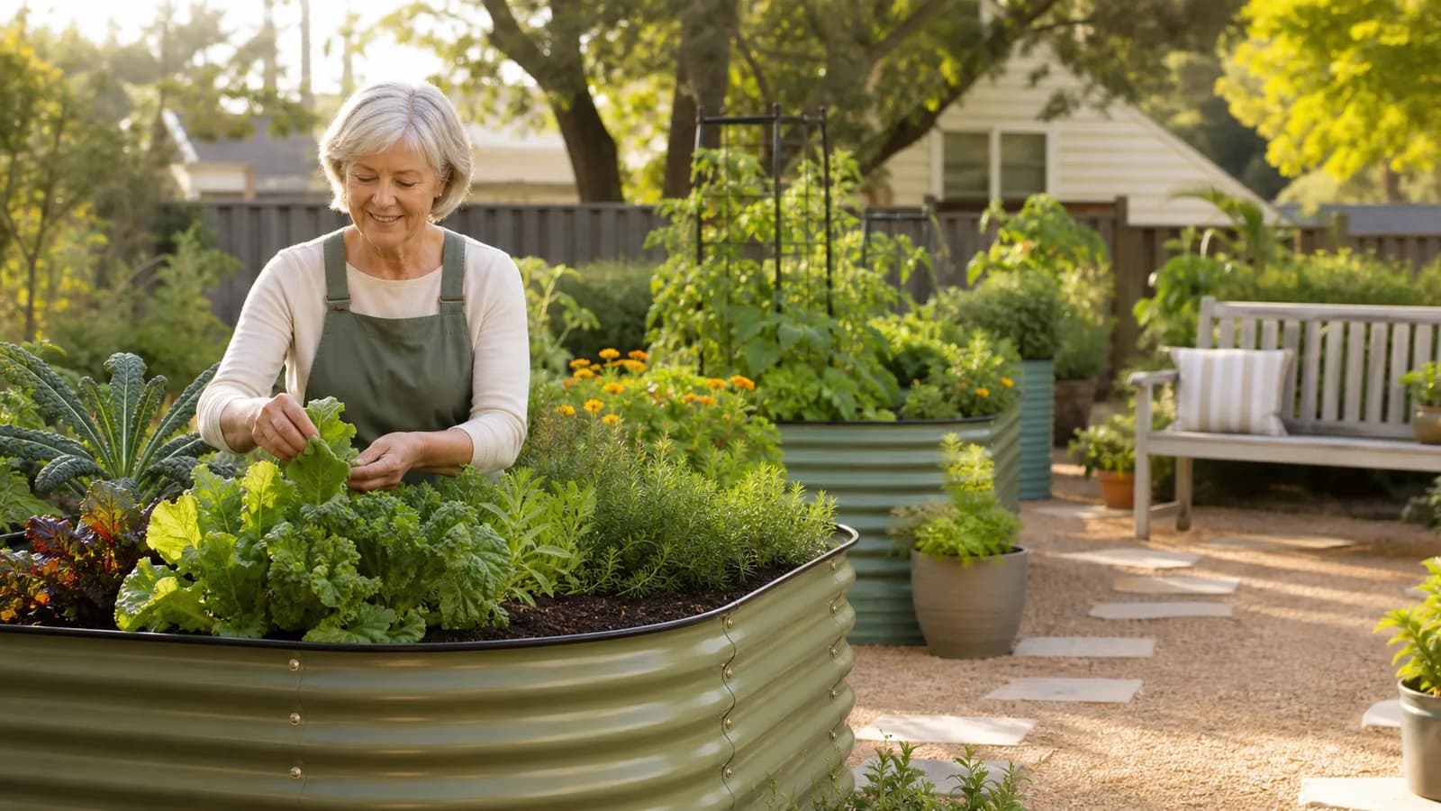 A comfortable raised bed garden with tall beds and wide paths.