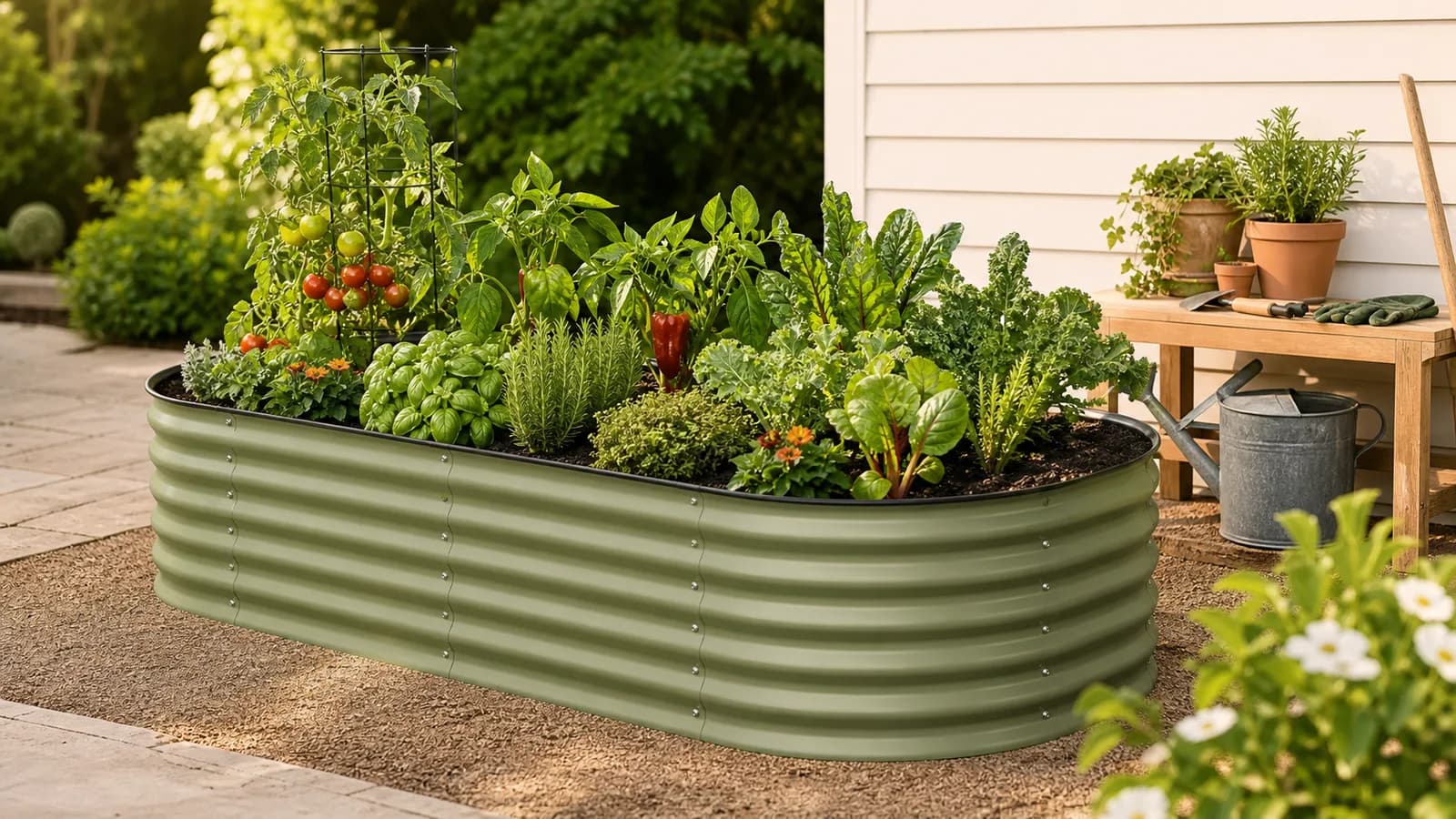 A premium corrugated metal raised garden bed planted with vegetables and herbs.