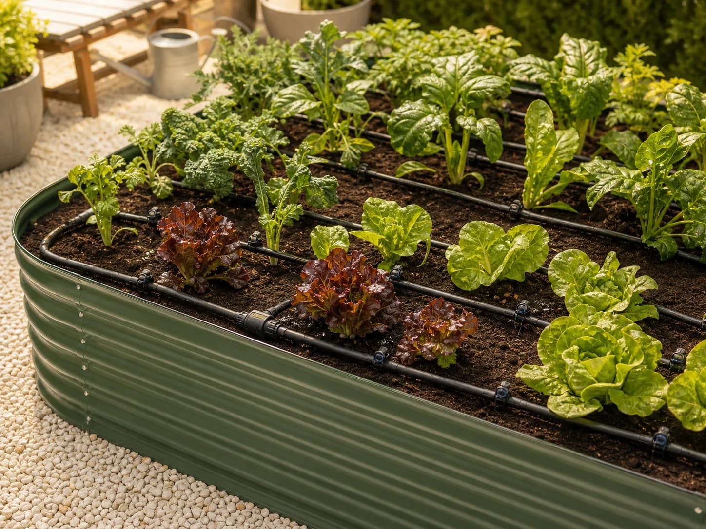 Drip irrigation lines watering vegetables in a raised bed.