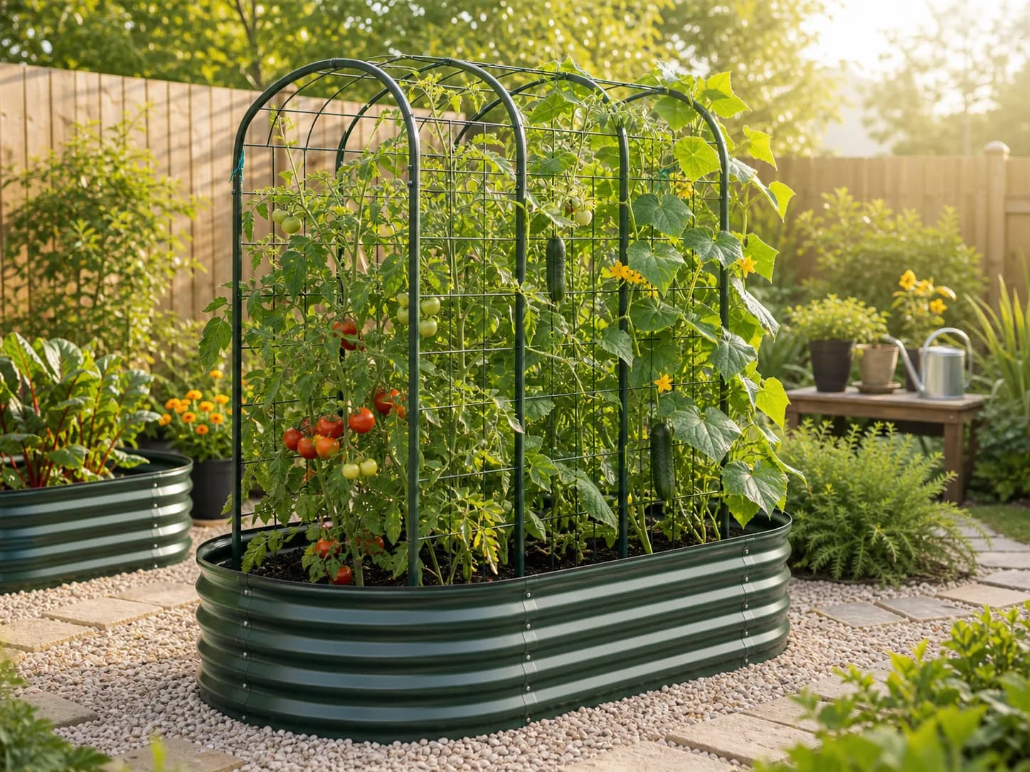 Garden trellises supporting climbing crops in raised beds.