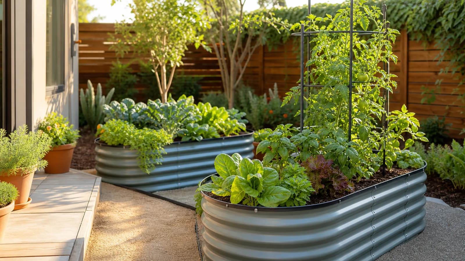 Compact metal raised garden beds arranged in a small backyard with clear walking paths.